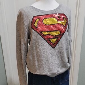 DC Comics Superman Logo Sweatshirt Womens Sz L Gray Sequin, Y2k, Comicon